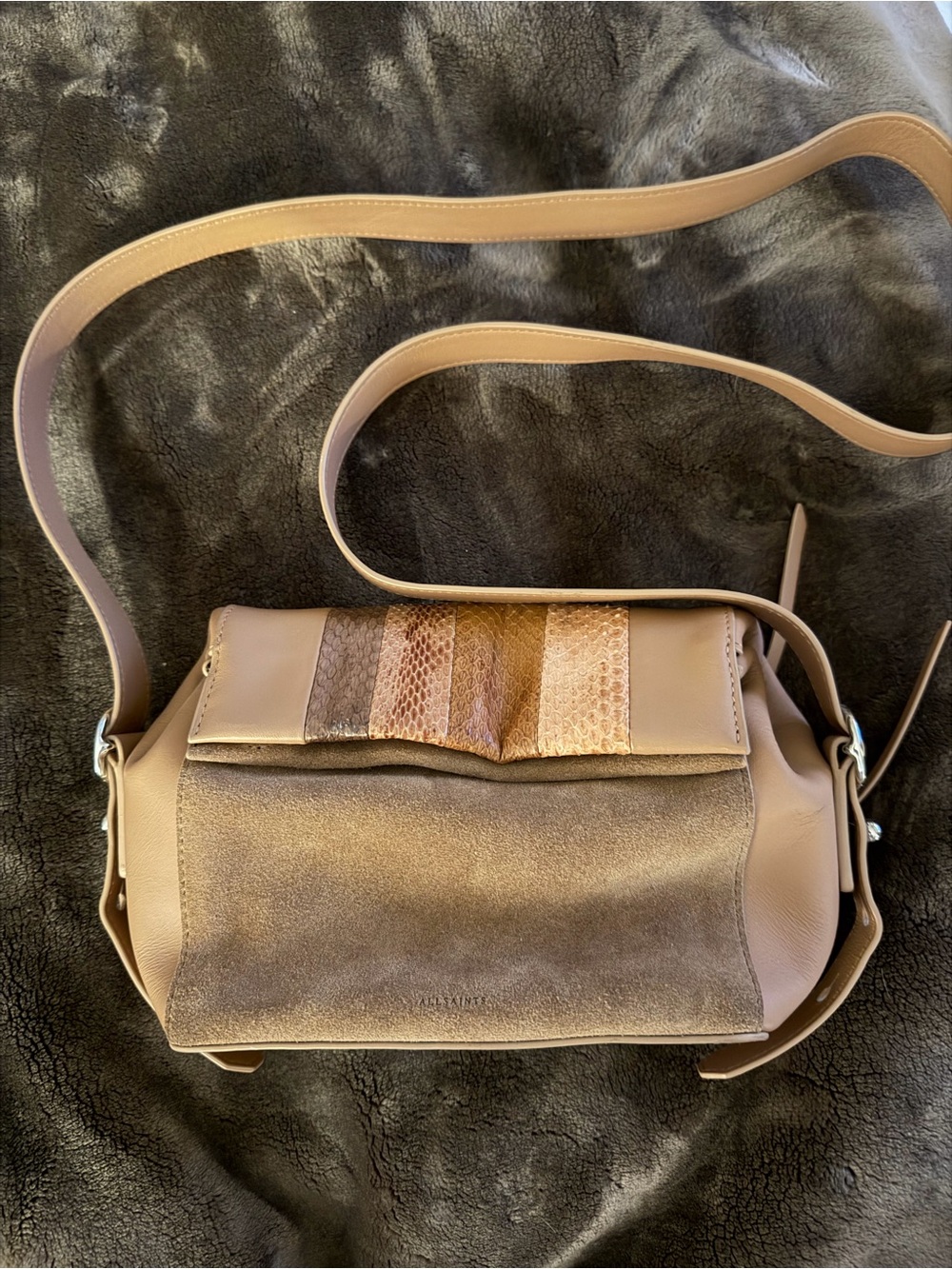 All Saints Taupe Leather & Suede Messenger Bag with Snakeskin Accent